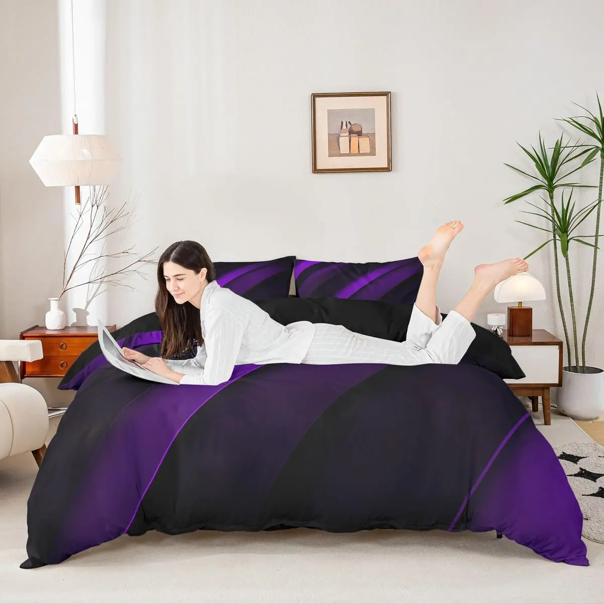 Purple Black Stripes Duvet Cover,Geometric Abstract Comforter Cover Lines Art Bedding Set,Modern Technology Breathable Decorative Bed Cover(No Comforter)