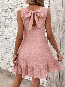 Sand Dune Beige Back Tie Ruched Fitted Plaid Resort Dress Vintage Coastal Lazy Beige Back Tie Ruffled Resort Dress Ins Minimalist Relaxed Vibe Beige Back Tie Ruched Vacation Dress