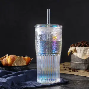 20 OZ High Borosilicate Glass Cup Set with Lids and Glass Straws - Rainbow Iced Coffee Water Bottles, Home & Festive Party Drinkware