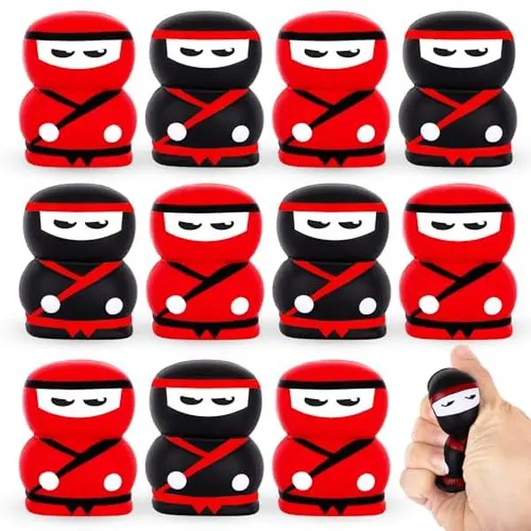 Slow Rise Ninja Squishy Toys - Set of 12 Small Squishy Toys - Ninja Figurine Stress Toys for Kids with 6 Red and 6 Black Designs - Ninja Party Favors