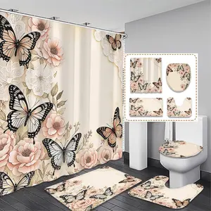 Creative Butterfly & Floral Bathroom Set, Includes Shower Curtain, Toilet Seat Cover, Bath Mat, U-Shaped Pad, Home Decor Essentials, Bathroom Decoration Accessories