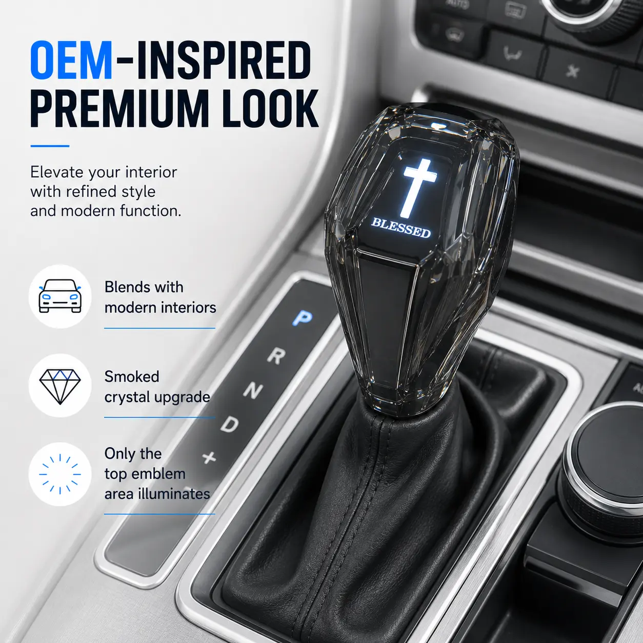 DYUHOP LED Crystal Cross Car Shifter Knob, 7-Color RGB Touch-Activated, Rechargeable Automotive Interior Atmosphere Accessory, Father's Day Gift, Shifter Knobs