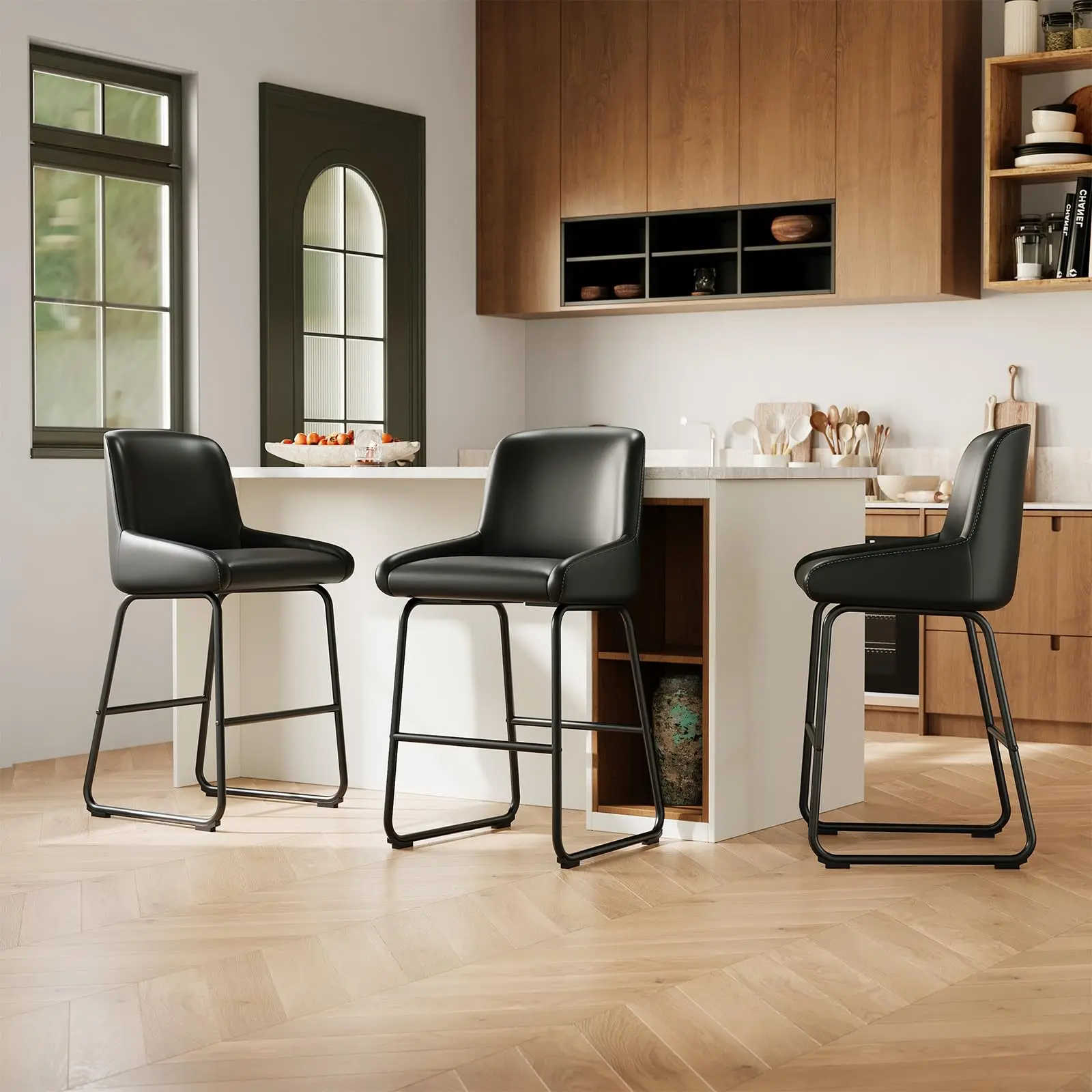 Bar Stools Set of 3, PU Leather Bar Stools with Backrest and Footrest, Modern Industrial Metal Frame Bar Chairs for Kitchen Island, Contract, Black