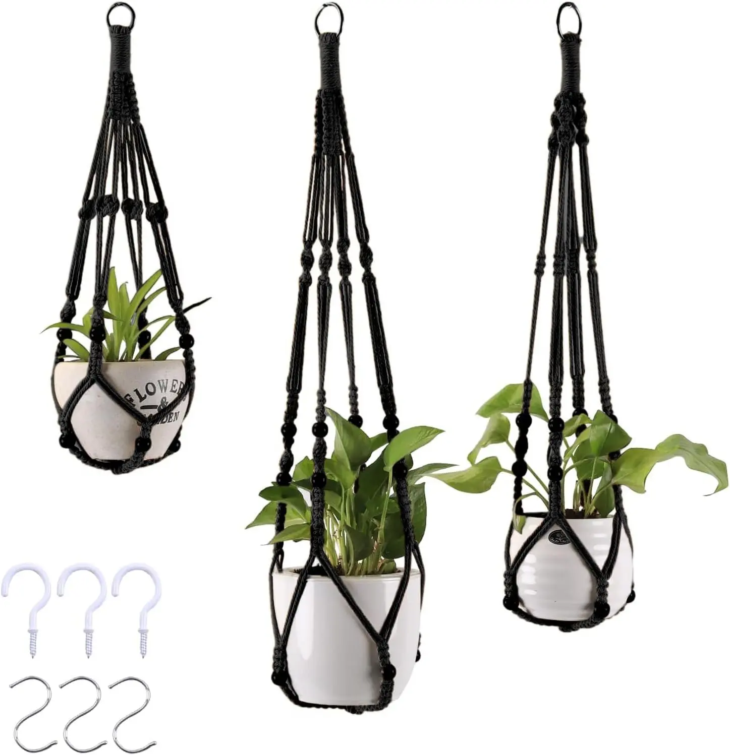 3-Pack Macrame  Hanger Indoor - Hanging Planter Basket for Indoor Outdoor - Decorative Boho  Holders Set with Beads - Ceiling Flower Pot Holder with 6 Hooks - 35"/30"/24" Black