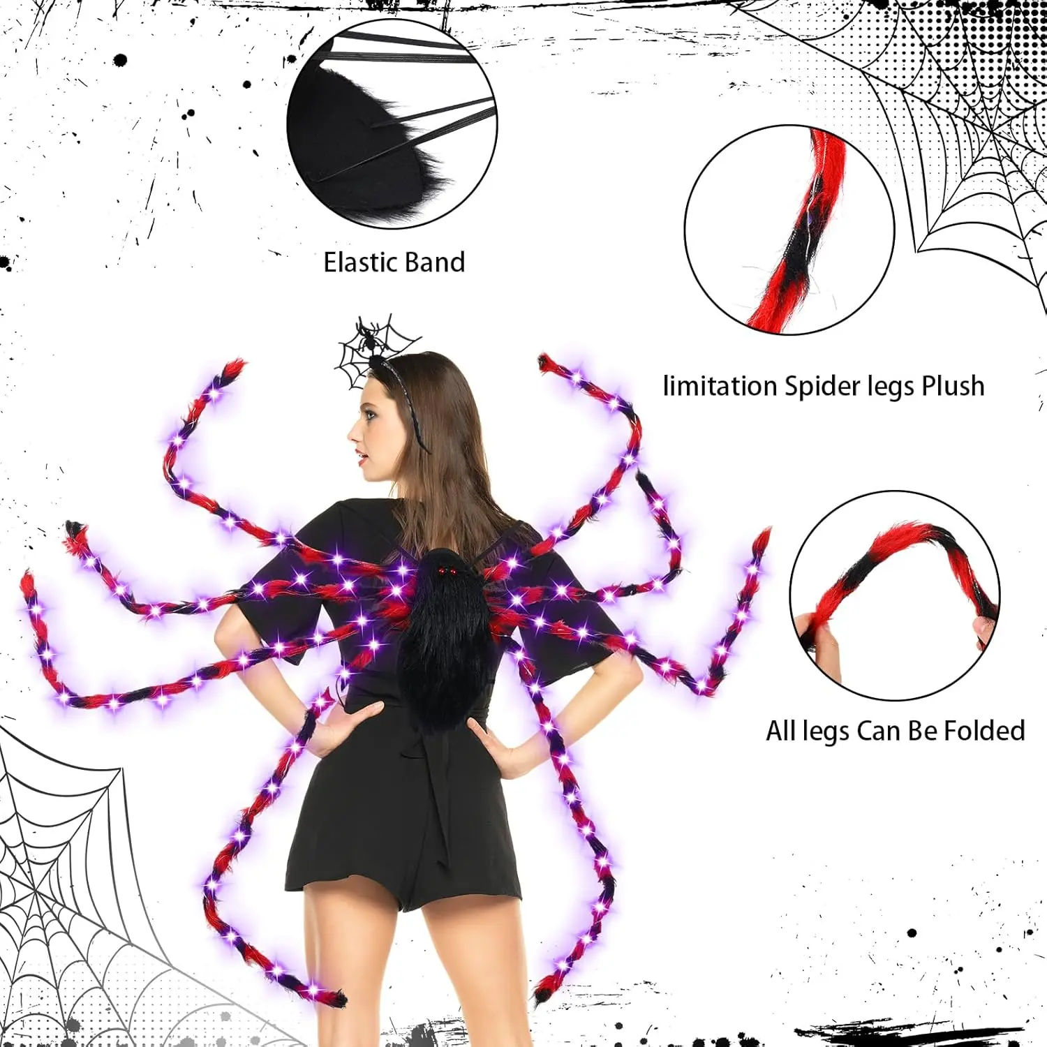 2 Pcs Spider Costume for Adult Women LED 2026 Spider Cos Large Plush Spider with Lights Hair Hoop