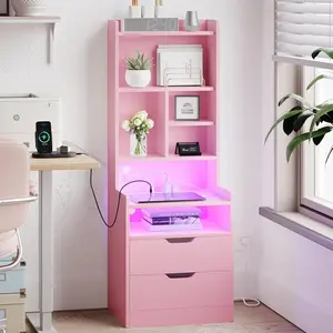 Sikaic LED Tall Nightstand with Bookshelf Charging Station Pink Modern Bedside Table RGB LED Lights 2 USB Ports Storage Drawers Multifunctional Light Strips