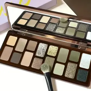 16-color eyeshadow palette  Matte+shimmer+glitter, gray/green/earth tones for smoky retro makeup