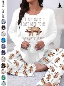 [Plus Size] Two-Piece Set Cartoon Animals Print Tee & Elastic Waist Pants Pyjama Set, Casual Comfy Round Neck Long Sleeve T-shirt & Trousers PJ Set, Women's Sleepwear for Spring & Fall, Loungewear Pajamas Set