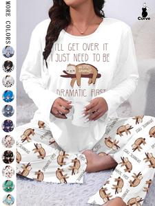 【plus size】 cartoon animals print longsleeves tee & elastic waist pants pyjama set, lady casual comfy round neck long sleeve t-shirt & trousers pj set, women's sleepwear for spring & fall, womenswear, pajama set, loungewear, homewear