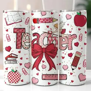 Teacher Valentine Skinny Tumbler 20oz Insulated Stainless Steel, Cute Teacher Gift with Hearts Bows Apples Pencils, Valentine’s Day Teacher Appreciation Travel Cup, Reusable Cold Drink Coffee Tumbler for Classroom School Teachers