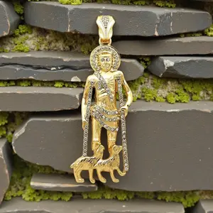 MaxBling81 San Lazaro Iced Alloy Metal Pendant - Unisex High-Quality Cubic Zirconia Polished Charm, Hip Hop Celebrity-Style Large Religious Accessory, Gold/Silver Plated Daily Costume Jewelry (Fits Up to 15mm Chain)