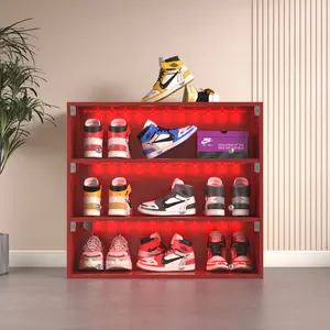Shoe Storage Box, 3-Tier Wooden Shoe Box with RGB Led Light, Shoe Organizer Storage Box with Flip Glass Door for Shoe Collection (Red,3 Tier)