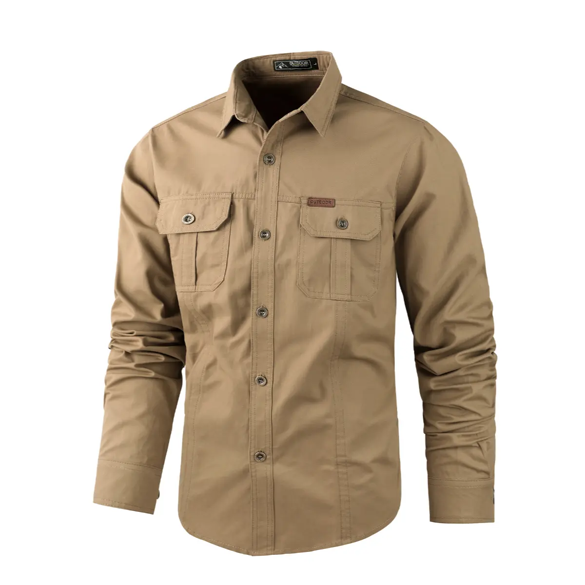 Men's Lightweight Cotton Cargo Work Shirt - Preppy Long-Sleeve Button-Down with Chest Pockets, Breathable Tactical Outdoor Top for Outdoor Adventures, Casual Wear