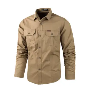 Men's Long-Sleeve Button-Front Cotton Plain Cargo Work Shirt - Durable All-Seasons Mens Fashion Top with Chest Pockets for Tactical Outdoor Use (Beige, Khaki) Casual Lightweight Breathable Longsleeves