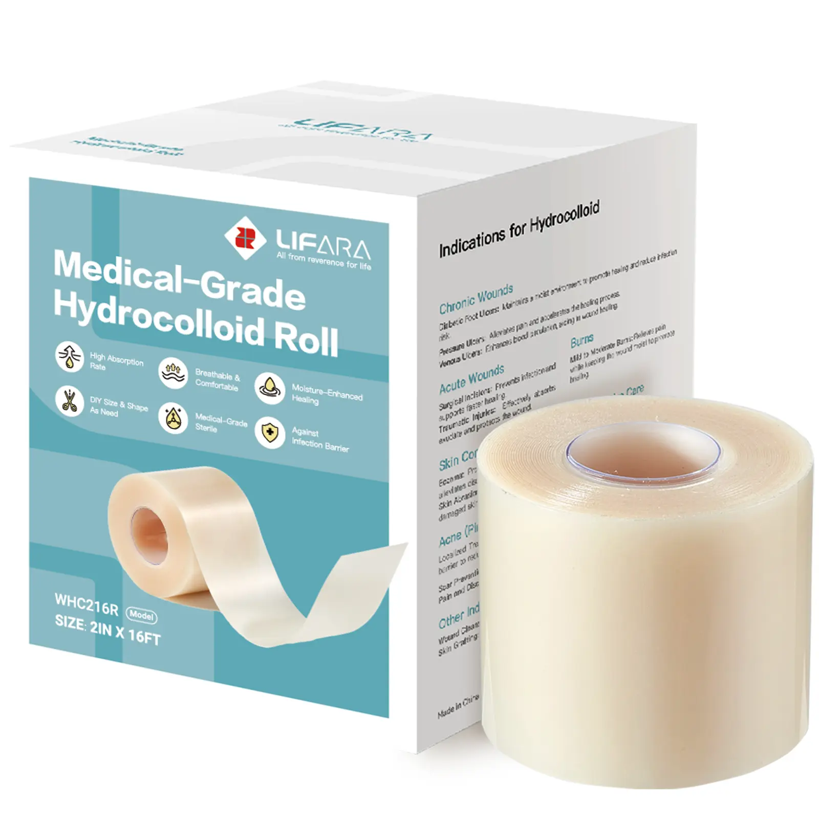 LIFARA Medical-Grade Hydrocolloid Wound Care Roll - 2in x 16ft (2in wide coverage, 16ft long roll), 11.8mil thick pad, Cut-to-Size, Self-Adhesive, Ultra-Absorbent, Flexible, Waterproof First Aid Essential with Acne Treatment Plasters & Dressing Supplies,