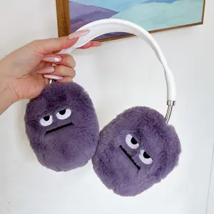 Purple Plush Fluffy Funny Face Earmuffs For AirPods Max | Cute Embroidered Design + Thick Warm Fur | Cold-Proof & Earphone Protection | Fall-Winter Fun Healing Outing Style