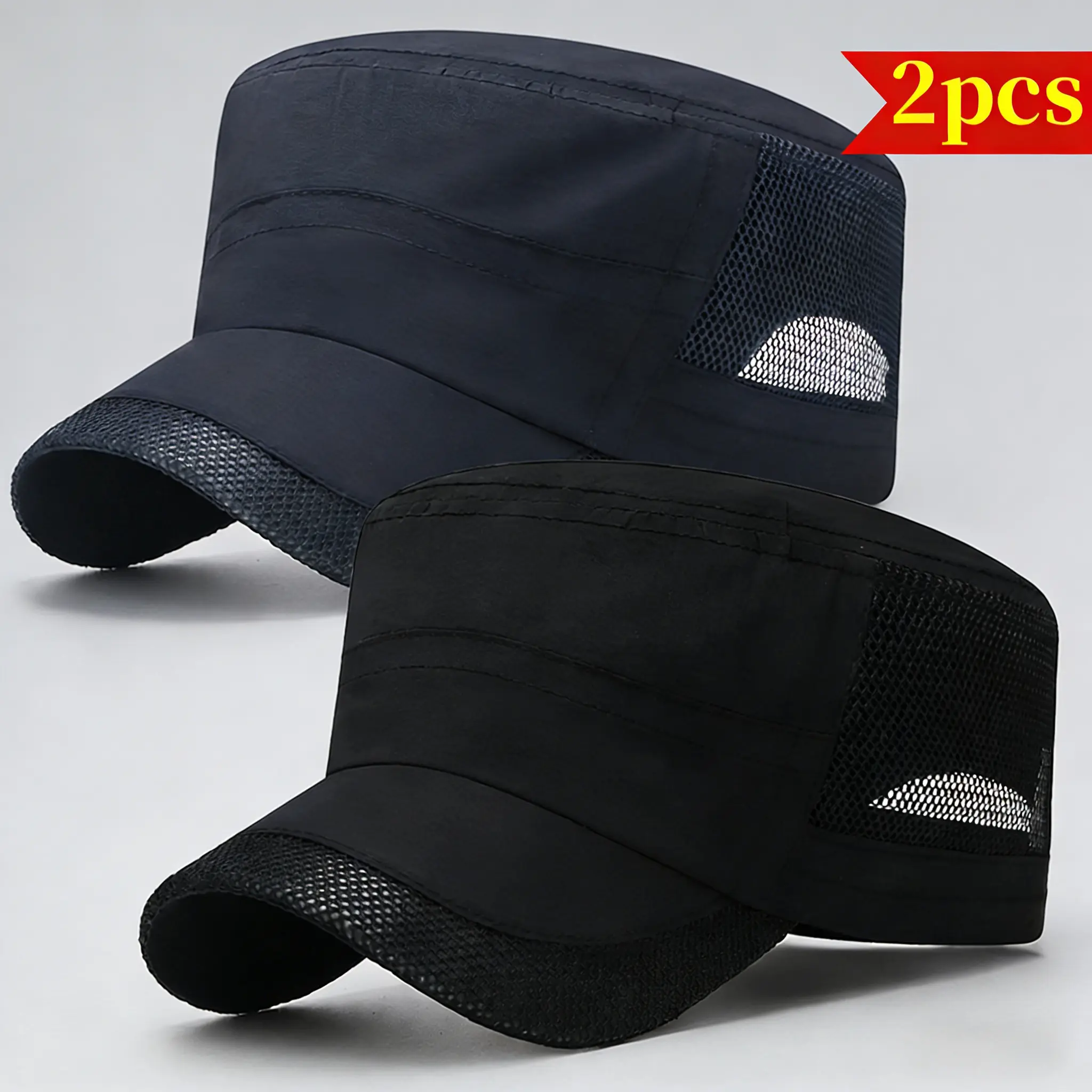 Two-pack men's quick-drying caps, unisex, sun protection, thin, breathable mesh flat top caps, outdoor baseball caps.