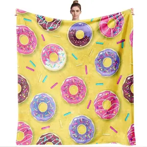 270g Flannel Donut Printed Blanket Cartoon Cute Food Pattern Thick Warm Throw Blanket for Bedroom Living Room Sofa Soft Comfortable Kids Adults Nap BlanketExclusive Home Textile Product Flannel Blankets