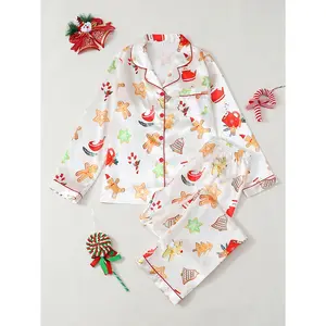 Women's Christmas Gingerbread Man Printed Pajama Set, Lapel Long - Sleeve Top & Pants, Satin - like, for Cozy Holiday Sleep Loungewear Nightwear Piece Polyester Womenswear Homewear