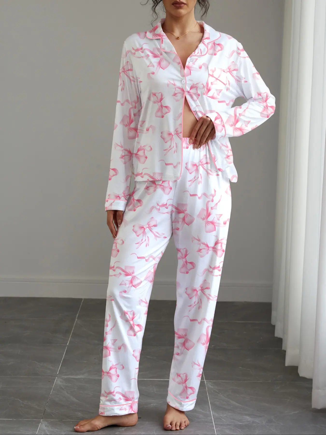 Women's Fall Winter Pajama Set, Bowknot Print, Soft Fabric, Casual Style, Long Sleeve Shirt & Elastic Pants, Home Wear, Loungewear, Womenswear