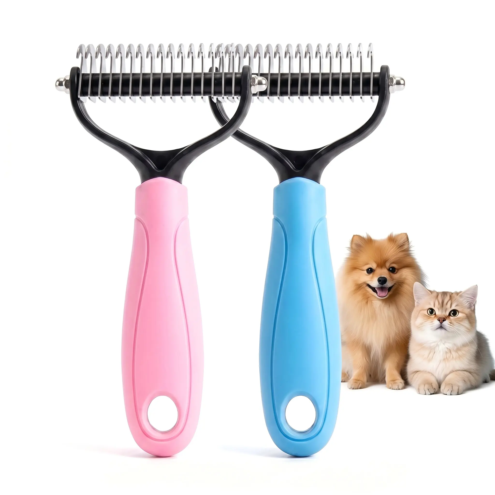 Pet Detangling Comb, Double-Sided Grooming Brush for Dogs & Cats, One-Click Clean Undercoat Rake for Shedding Mats
