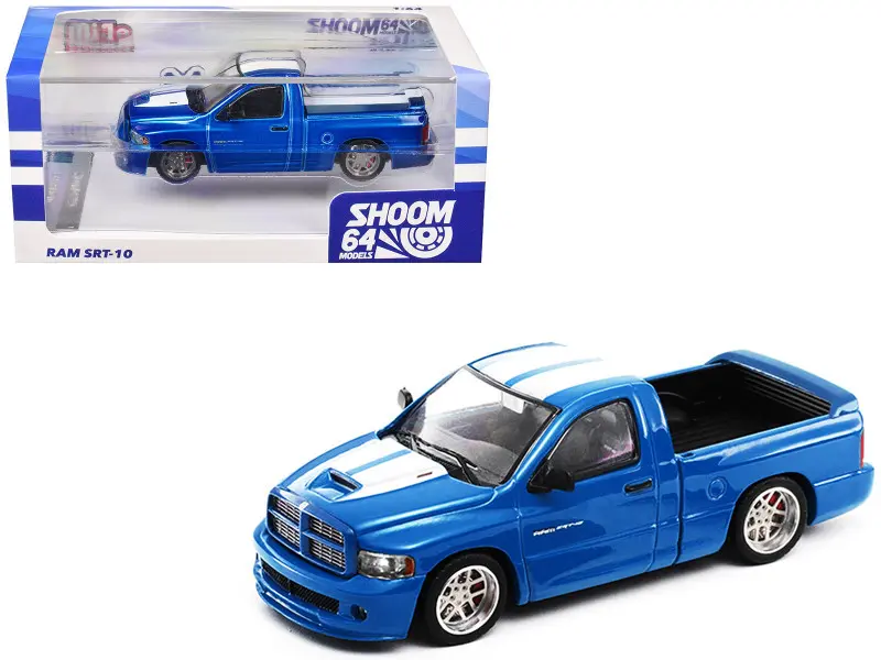 New Limited Edition 1/64 Scale MIJO EXCLUSIVES SHOOM 64 Diecast Pickup Truck Model - Dodge RAM SRT 10 Blue/White Friction Vehicle, Plastic & Rubber Collectibles for Model Car Enthusiasts