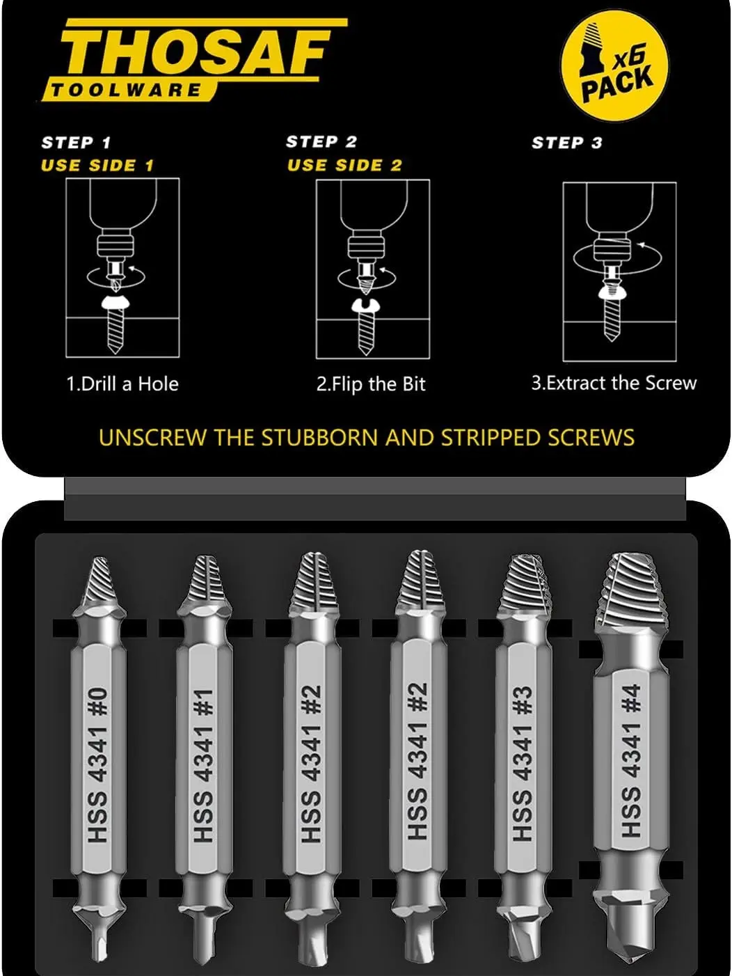 【DealsForYouDays】Stripped Broken Screw Remover, 6 Counts Set Easy Out Bolt Extractor, Damaged Screw Extractor Set, Double Head Extraction Design Extractor Head, Household Repair Tools, Power Tool Accessories, Screwdriver Bit Clip by THOSAF, Gifts for Men
