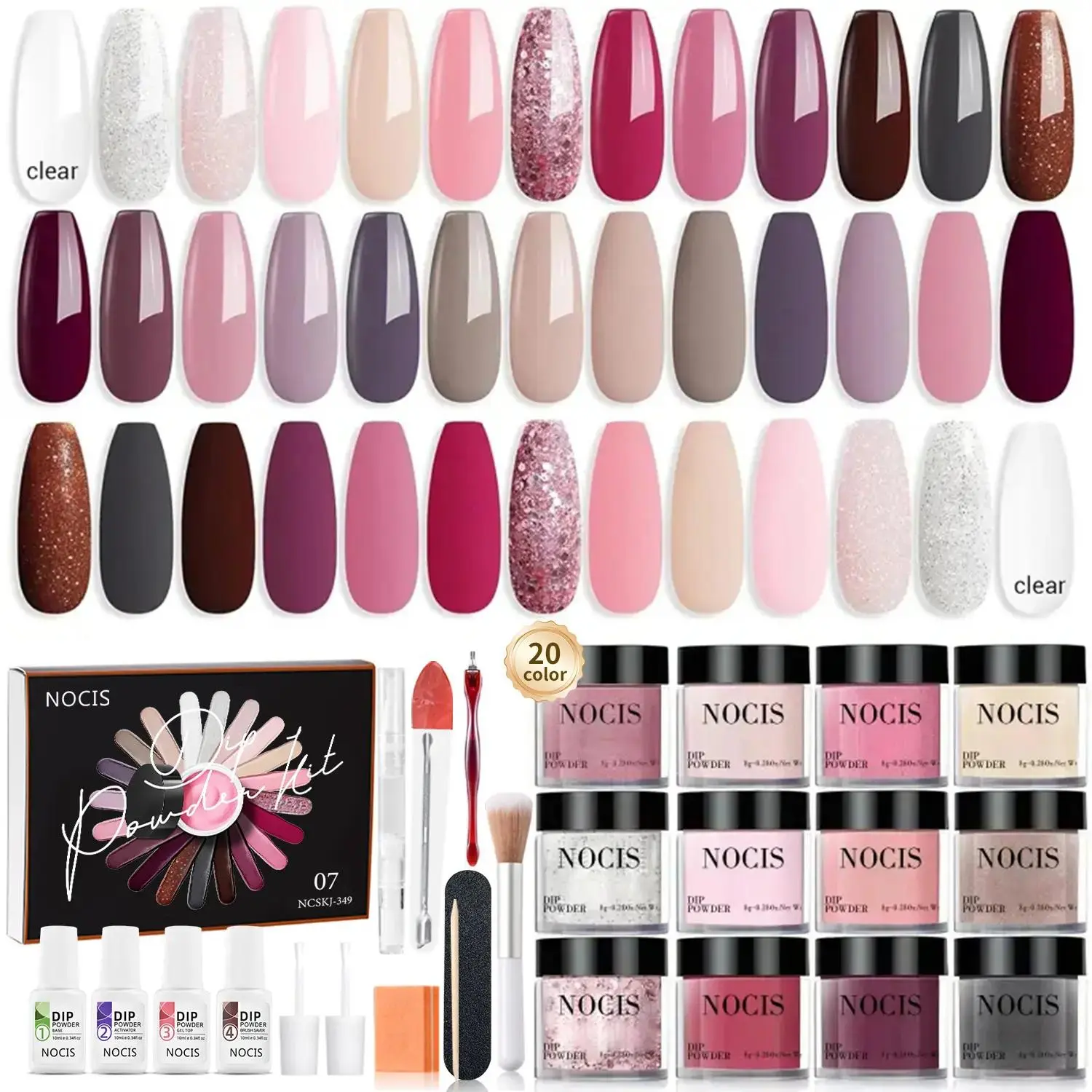 Long-Lasting Nail Care Dip Powder Nail Art Kit, Shimmer Manicure Set, 20 Colors, Clear Nude Pink Glitter Design, All-Season Acrylic Dipping Powder Liquid Set with Top & Base Coat Activator, Glitter French Tip Nail Art Polish, High-Quality Polish