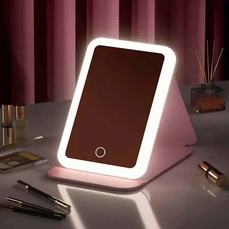 Foldable Makeup Mirror for Vanities, Portable LED Mirror with 3 Color Light Adjustment, Self Standing Makeup Mirror, Modern Desktop Product for Home Office