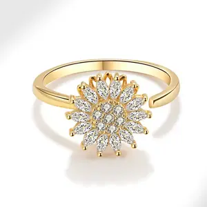 Adjustable Moissanite Spinning Sunflower Fidget Ring with Sparkling Spinning Stone, Anxiety Relief Accessory, Elegant Witchy Trendy Jewellery Accessory, Ideal Gift for Friends & Family, Halloween Floral Costume Ring, Moissanite Ring