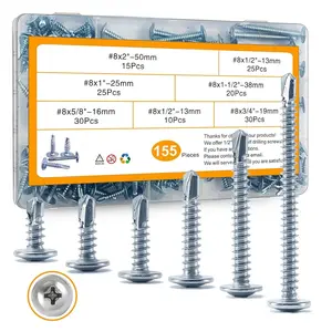 Sheet Metal Screws Assortment Kit,#8 Self-Tapping Screws Set for Metal,155pcs,6 Sizes(2'',1-1/2'',1'',3/4''5/8'',1/2'') Truss  Zinc-Plated Self-Drilling Tek,for ,Metal,Plastic