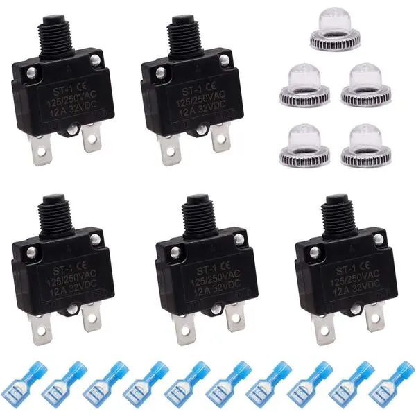 mxuteuk 5Pcs 12Amp Circuit Breakers Push Button Manual Reset 125/250V AC 32V DC,Overload Protector Switch Thermal Circuit Breakers with Quick Connect Terminals and Waterproof Button Caps ST1-5-12A
