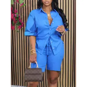 Plus Size, Scacto Solid Color Shirt & Shorts Set Short Sleeve Matching 2pcs Casual Coordinated Outfit,Plus Size Solid 2pcs Outfits for Women Casual Button Shirt and Biker Shorts Set,Effortless Chic Outfit Half Sleeve Shirt High Waist Shorts Set