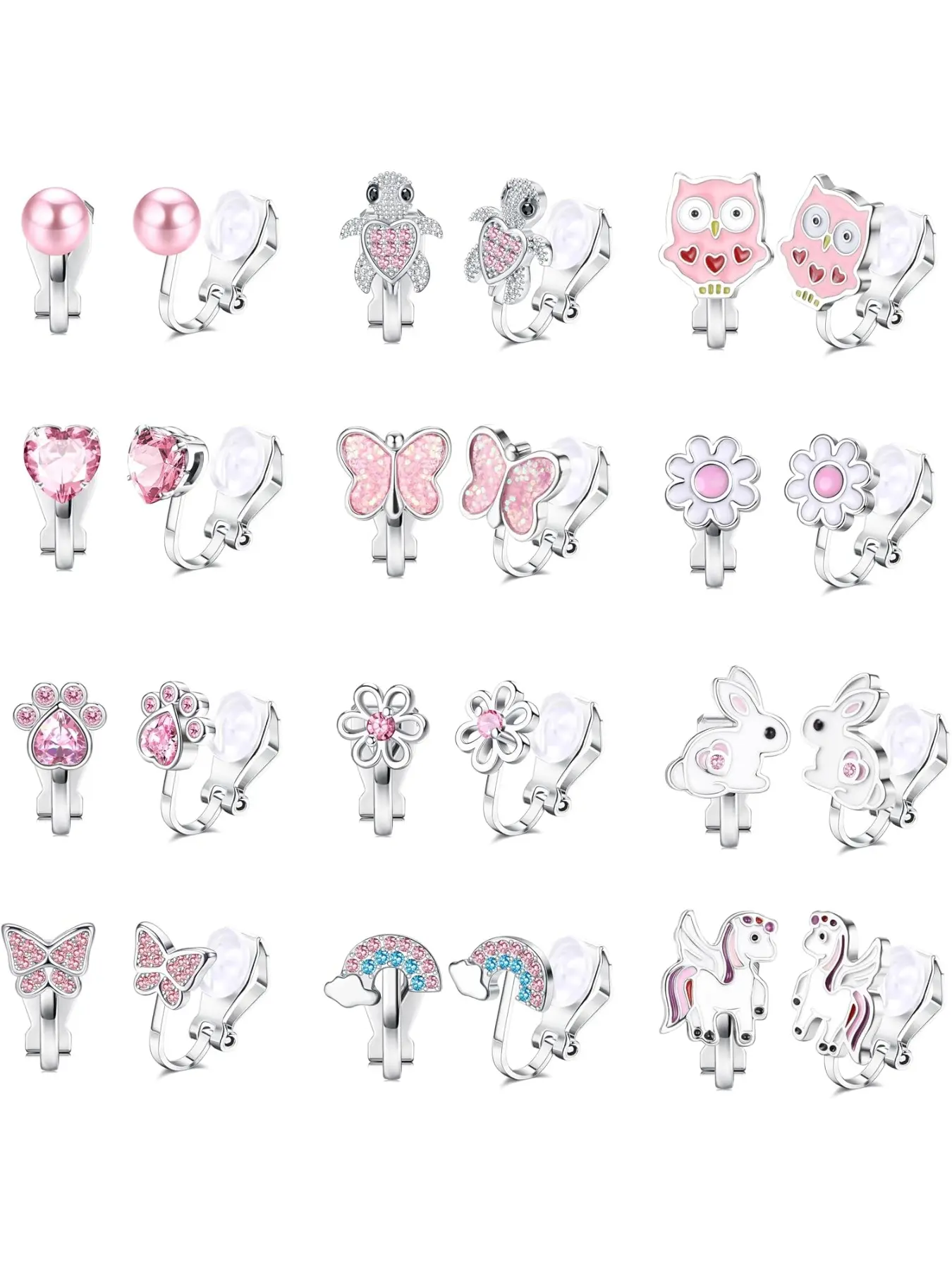 12 Pairs Kids Clip On Earrings for Girls Hypoallergenic Cute Butterfly Rainbow Flower Pearl Star Non Pierced Clip on Earring Girls Earrings Earring Stacking Set Dress Up Birthday Christmas Gifts Cute Jewelry