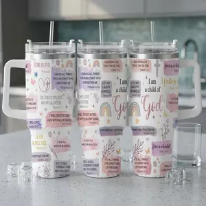 Christian Bible Verse Car Cup (40oz/30oz/20oz) Pastel Watercolor Scripture Print Pattern Inspirational Faith Quotes Durable Stainless Steel Insulated Tumbler for Church Daily Commute Prayer Gift Home Decor Spiritual Gatherings