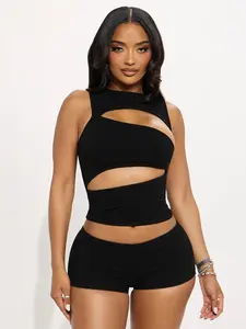 Women's Solid Color Hollow Out Sleeveless Waist-Cinching Top & Slim Fit Shorts Set, Chic Stylish Hollow Out Design, Perfect for Outings and Dates Womenswear