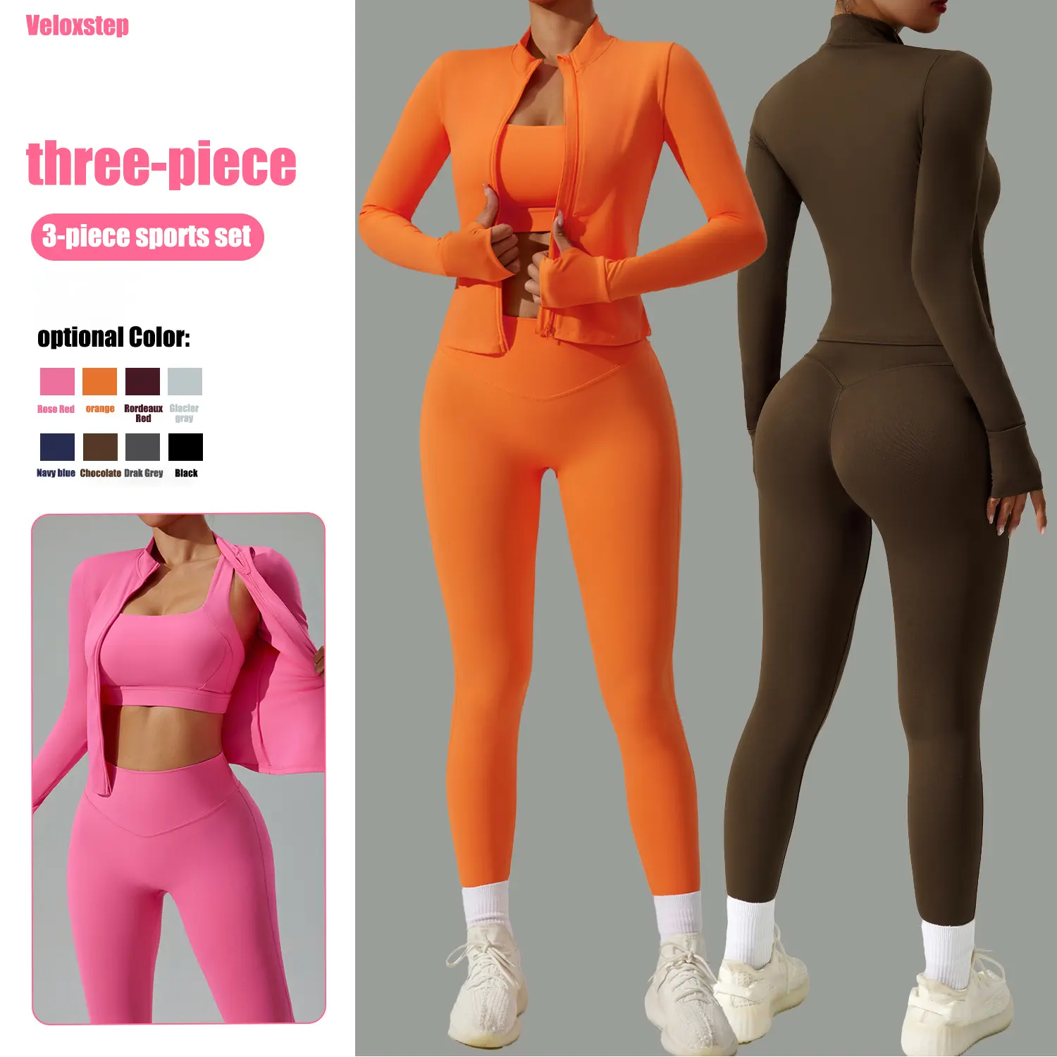 Women's 3-Piece Tight-Fitting Quick-Drying Activewear Set with Cardigan - Workout Sets Women, Athleisure Outfits for Running, Gym Fashion, Womens Fitness (Orange, Pink, Brown), Quick‑Dry Fabric