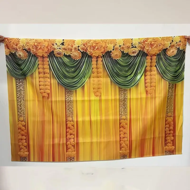 Indian Wedding Party Backdrop, Decorative Banner, 1 Count Traditional Indian Calendula & Chrysanthemum Polyester Background Banner, Party Decorations Banners, Wall Decoration for Home Party Wedding, Ornaments