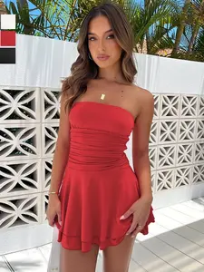 Women's Solid Color Strapless Sleeveless Dress, Fashion Casual Short Tube Elegant Ruched Dress for Party Club Dating Wear, Ladies Dress for All Seasons, Party Dresses, Womenswear, Elegant Fit Dress, Gowns, Bodycon Dress