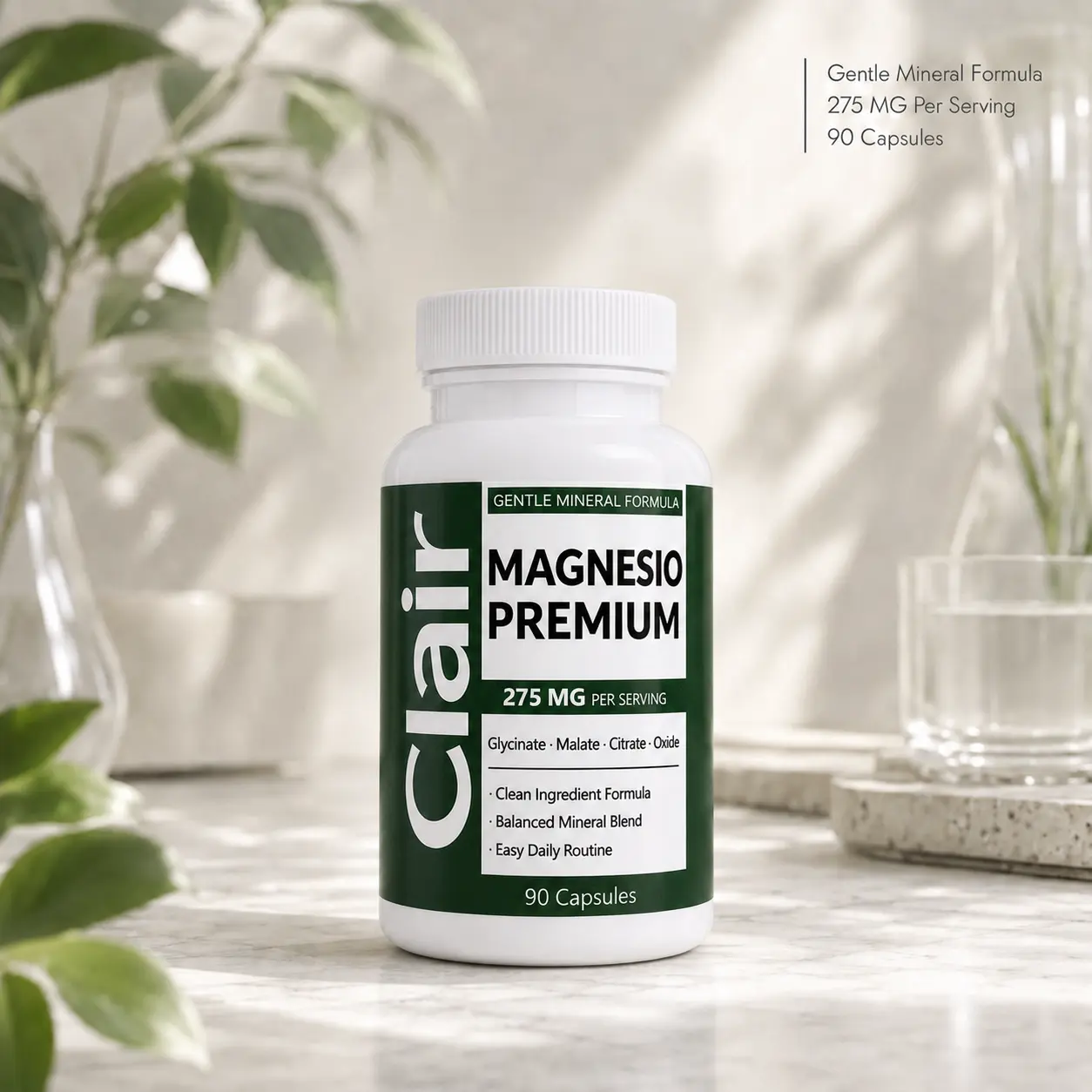 Clair Magnesio Premium Dietary Magnesium Complex Capsules - 90 Count, 275 mg Per Serving Mineral Supplement with Magnesium Glycinate, Malate, Citrate