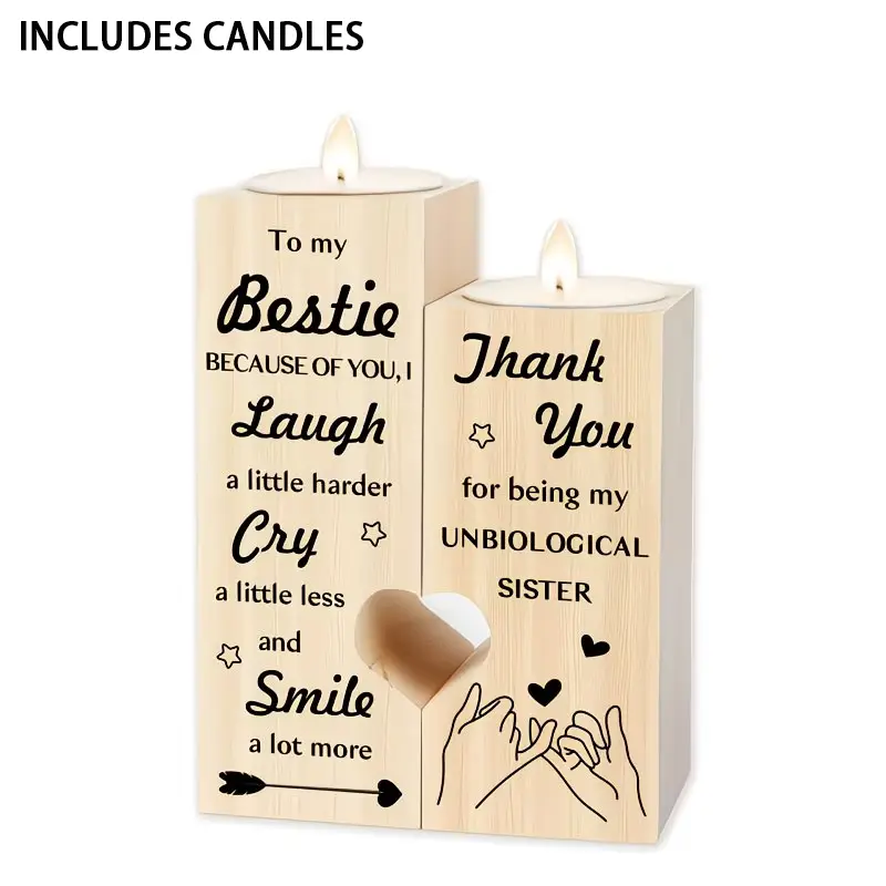 2-Piece Heart-Shaped Rustic Wooden Candle Holder Set, Home Decor Ornament, Best Friend Birthday Friendship Gift, Two Piece Set, Heart Shape
