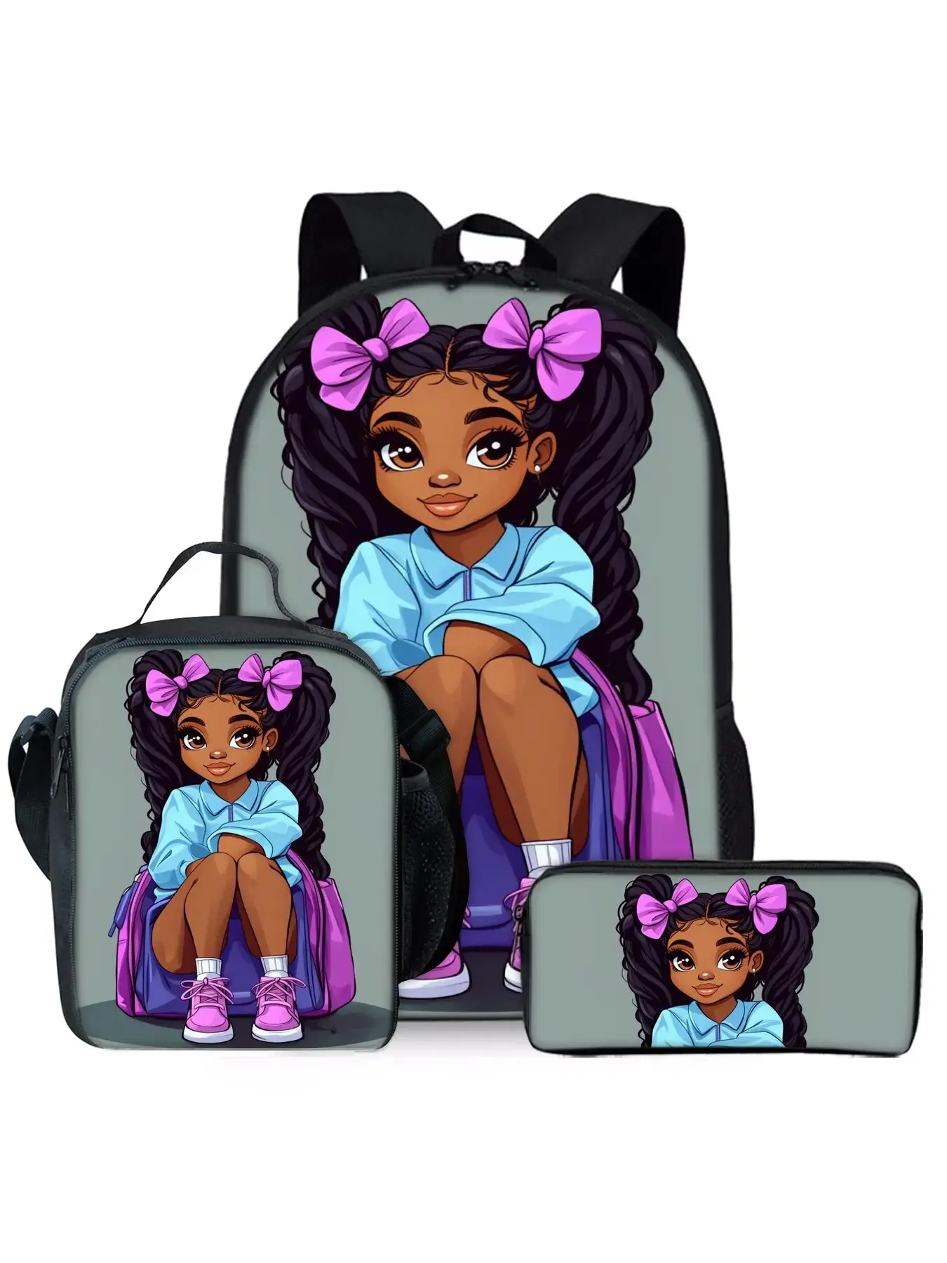 Girls' African Print Backpack Set 3-Piece - Vibrant Tribal Pattern School Bag with Lunch Tote & Pencil Case - Colorful Cultural Bookbag for Girls
