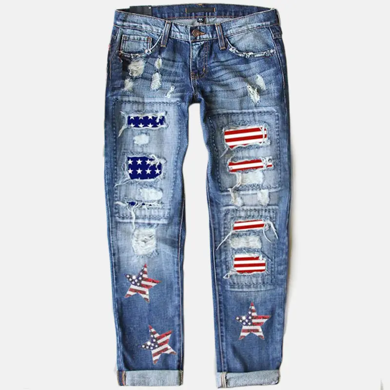 Women's Retro Boyfriend Jeans - Mid-Rise Baggy Straight Leg Ripped Cotton Denim Pants for Girls, with USA Flag Patch, Fringe, Stripes, 90S Look, Metal Buckle, Pockets, Oversized Hip Vibe, Everyday Streetwear for Minimalist Crop Top Pairing