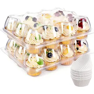 12 Count x 12 Sets Stackable Plastic Cupcake Carrier With 150 Pack Liners, Cupcake Containers Holder with Tall Dome Lid, Disposable Cupcake Storage Trays