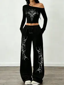 Women's Gothic Print Off-Shoulder Long Sleeve Top with Casual Straight Pants Set, Relaxed Fit Loose Loungewear for Everyday Home and Outdoors
