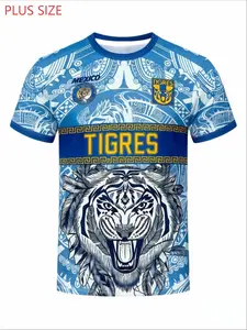 Large Size Mexican Tiger Theme T-Shirt, Aztec Totem Print Short Sleeve, Sporty Casual Round Neck Top, Loose-Fitting
