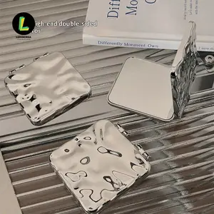 Futuristic Metal Crinkled Portable Mirror Wave Texture Double Sided Small Mirror Folding Portable Premium Handheld Flip Handheld Makeup Mirror