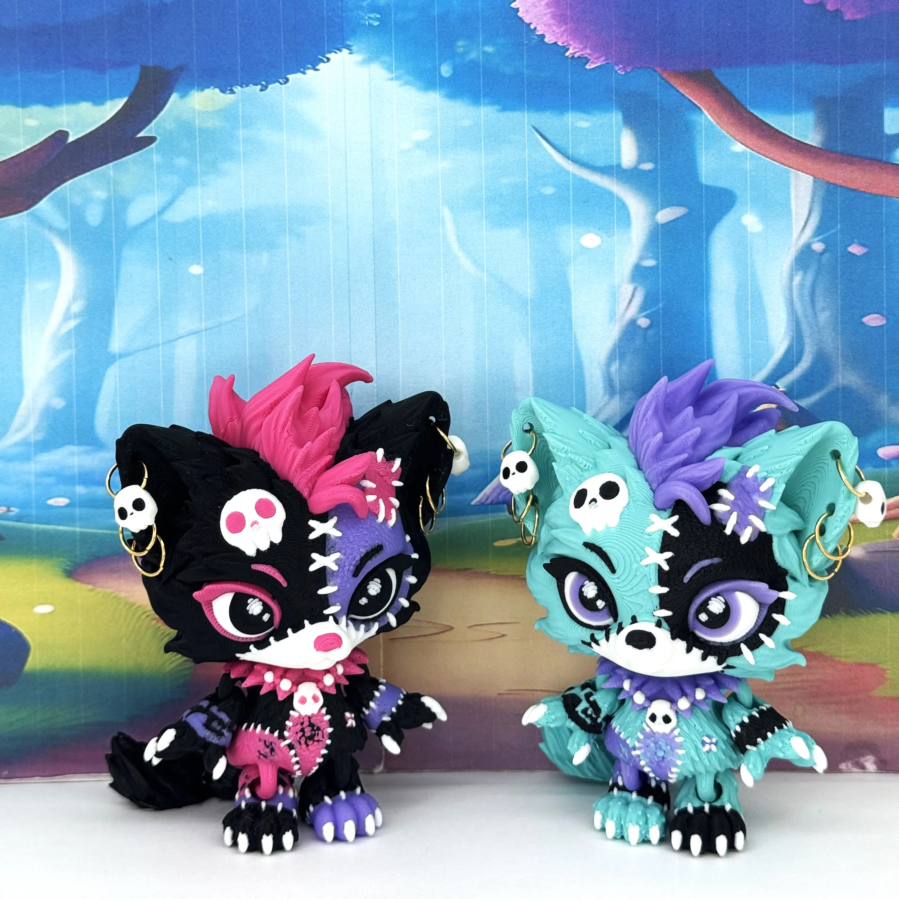Patchwork Lupa With Skull Earrings, 2pcs 3D Printed Posable She Wolf Gothic Desk Buddy, 4" Spooky Halloween Decor