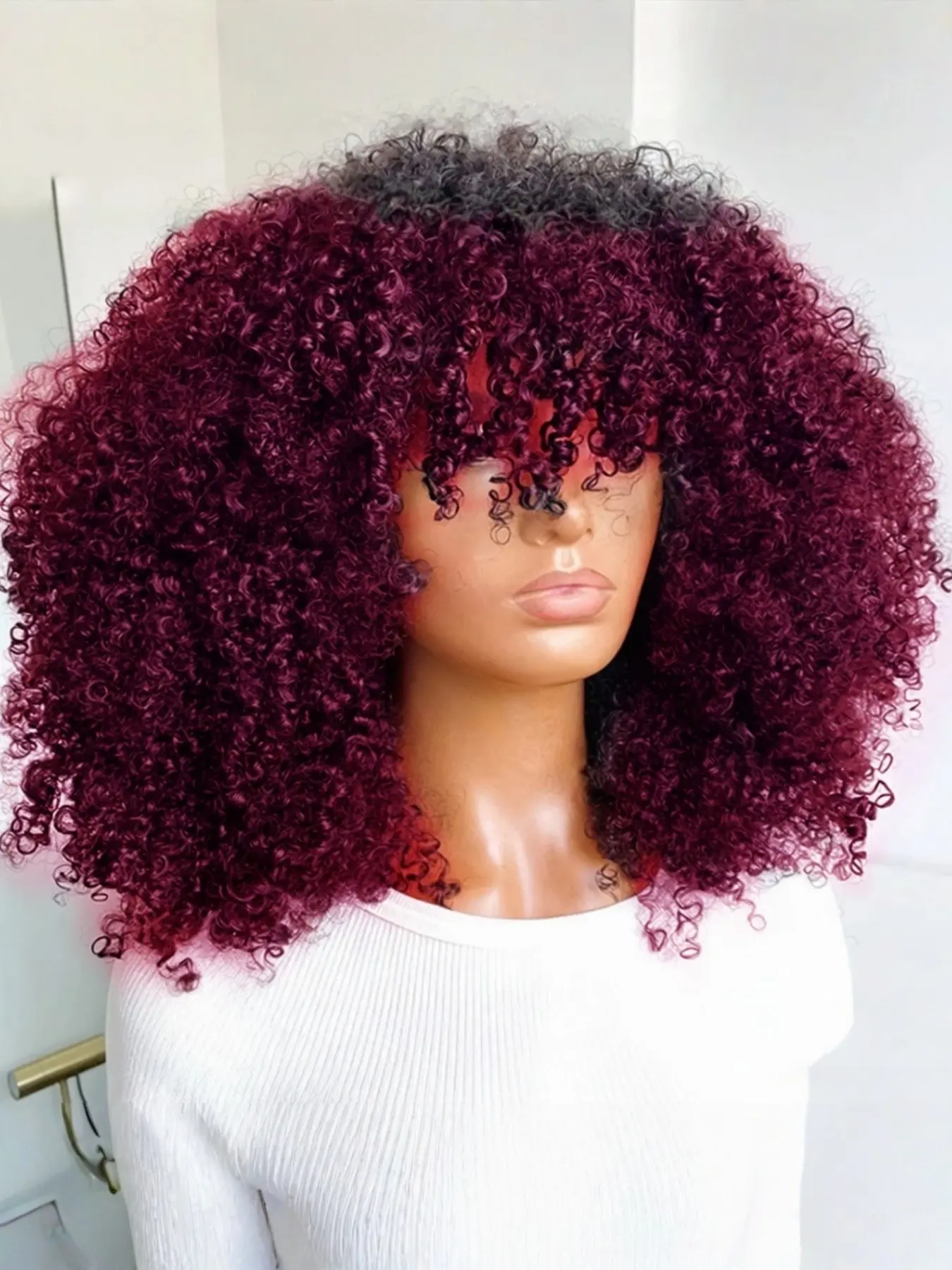 Afro Kinky Curly Human Hair Wigs with Bangs for Women, 250% Density, Full Machine Made, Glueless, No Glue Wig, Short Wigs, 1b99j Color