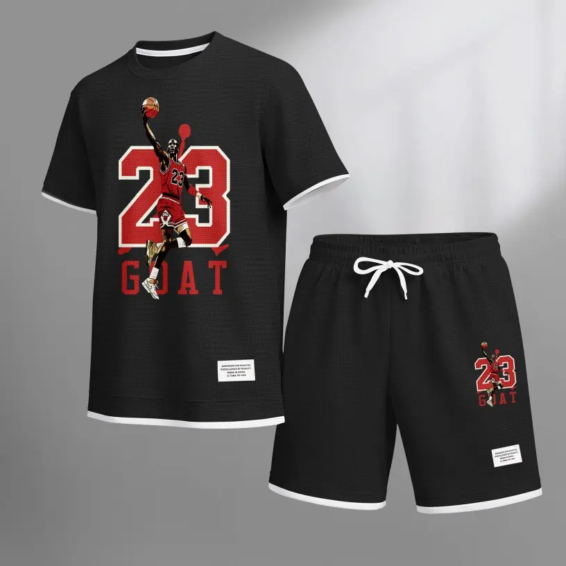 Men's The Goat Player Print Waffle Fabric Short-Sleeved Shirt And Shorts Set